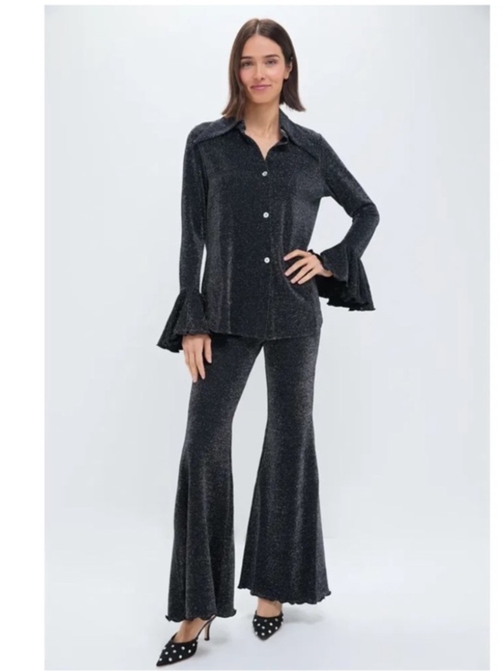 Sleeper SET Lurex Metallic Cosmos Button Down Blouse Flare Pants in Black